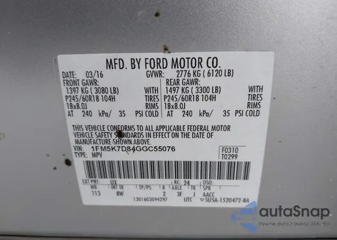 2016 Ford Explorer Xlt z USA, uszkodzony, nr VIN 1FM5K7D84GGC55076